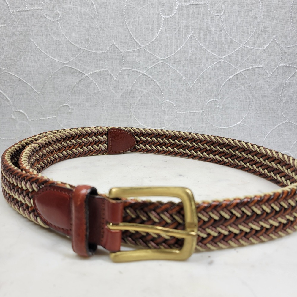Arden Preppy Braided Leather Belt Size 36 Brown Tan Stretch Woven Brass Buckle - Picture 4 of 13